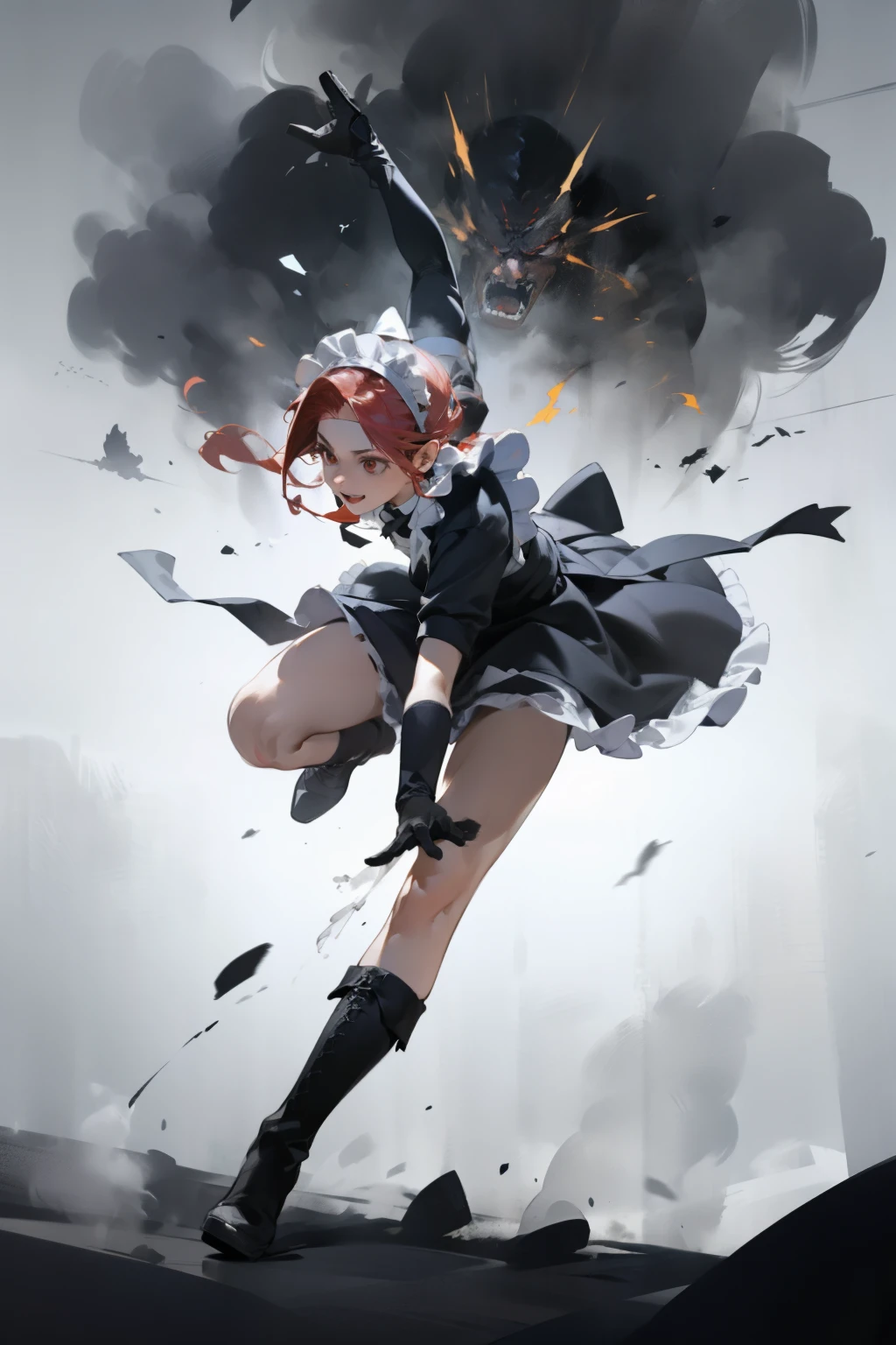 (masterpiece, best quality, super detailed, beautiful details eyes, Clean and delicate face), solo, (Red bob hair, red eyes), (maid costume, white maid headband), thigh, black gloves, army boots, (whole body), battle action in the air, power movements, strenuous movements, Dynamic Motion Blur, grin, atmosphere full of steam and smoke, professional lighting, Dynamic action scenes