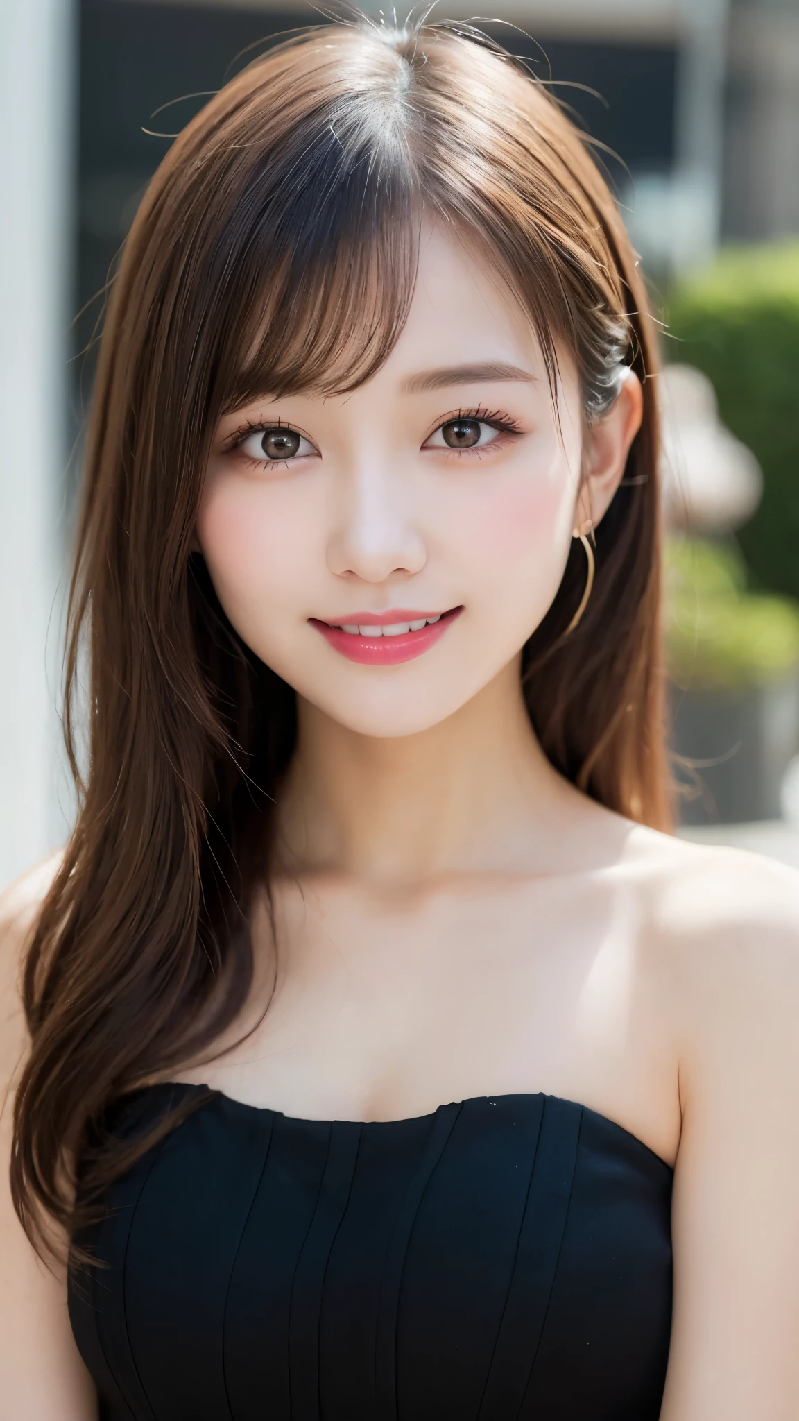 Tabletop, Highest quality, shape, Very detailed, finely, High resolution, 8k wallpaper, 完璧なダイナミックな構shape, Beautiful and exquisite,Natural color lip,smile、20-year-old girl、cute、Looking into the camera,Perfect and beautiful face,Slim face and figure,Big eyes、Putting on gal makeup,Small face、Blurred Background,Elegant feminine face、smile、Actual Photos、Adult Fashion,Normal anatomy