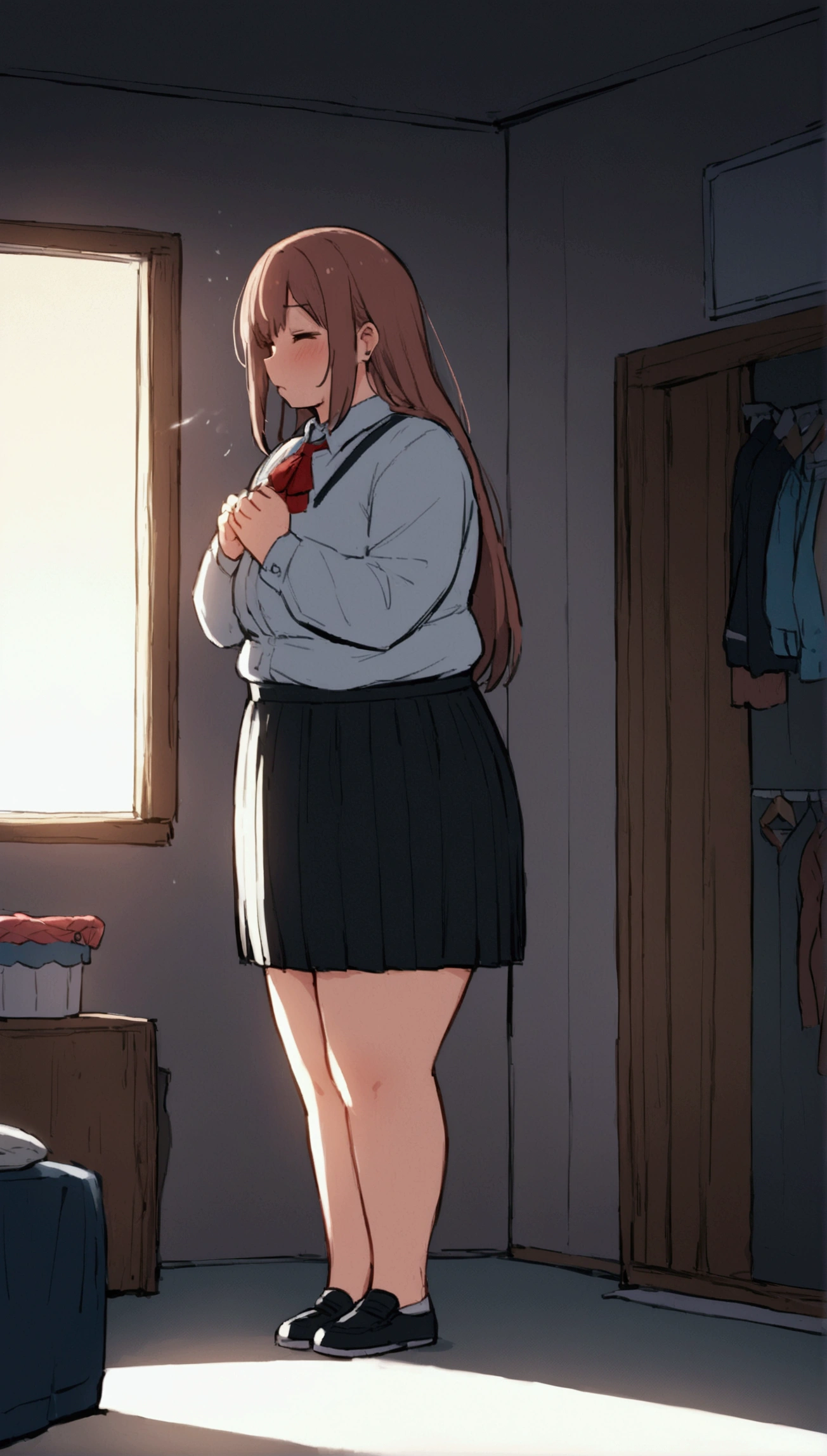 anime. Young woman. high school student. Fat basin. . sneezes. standing. cool room. full length.  Full body. 8 K. Ultra high quality. Highest resolution.