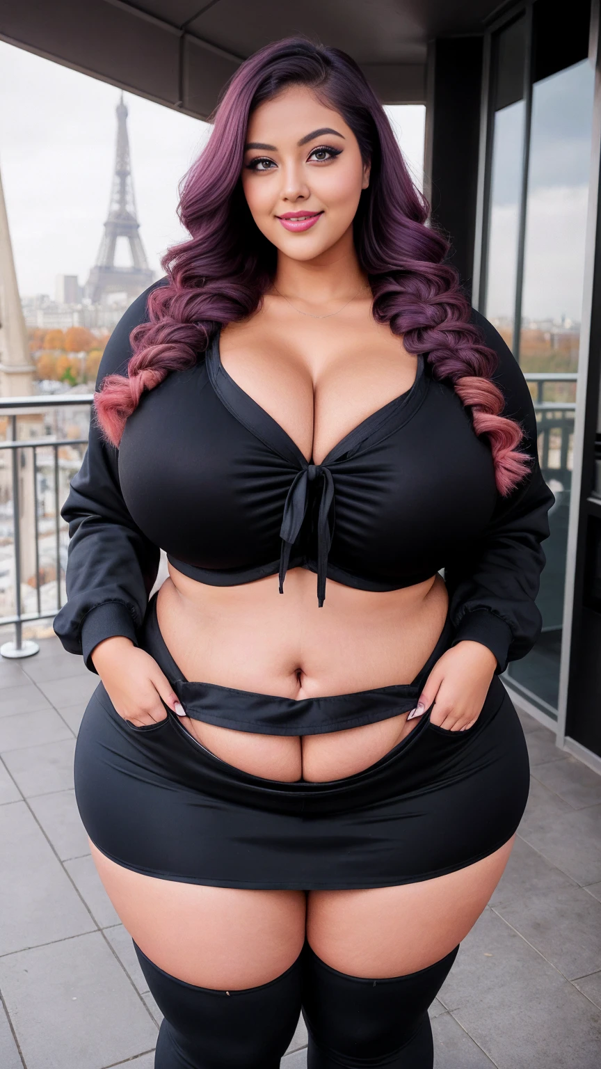gorgeous curvy plus size Indian bengali actress ritavori , glowing eyes, wearing SHEIN Teen Girl Casual Loose Fleece Hood Checked Long Sleeve Jacket, Autumn Winter
, covered Bust, parted lips, blushing cheeks, thick thighs, bigger waist, busty, curvy plus size body, full body, full body shot, head to toe view, smoothning burgendy color hair with pfrench braid hairstyle, hourglass body, curvy plus size body, smile face, bigger waist, busty, big hips, fleshy thighs, thick thighs, busty, full body view, Eiffel Tower, Paris, France: Iconic landmark with romantic Parisian vibes.