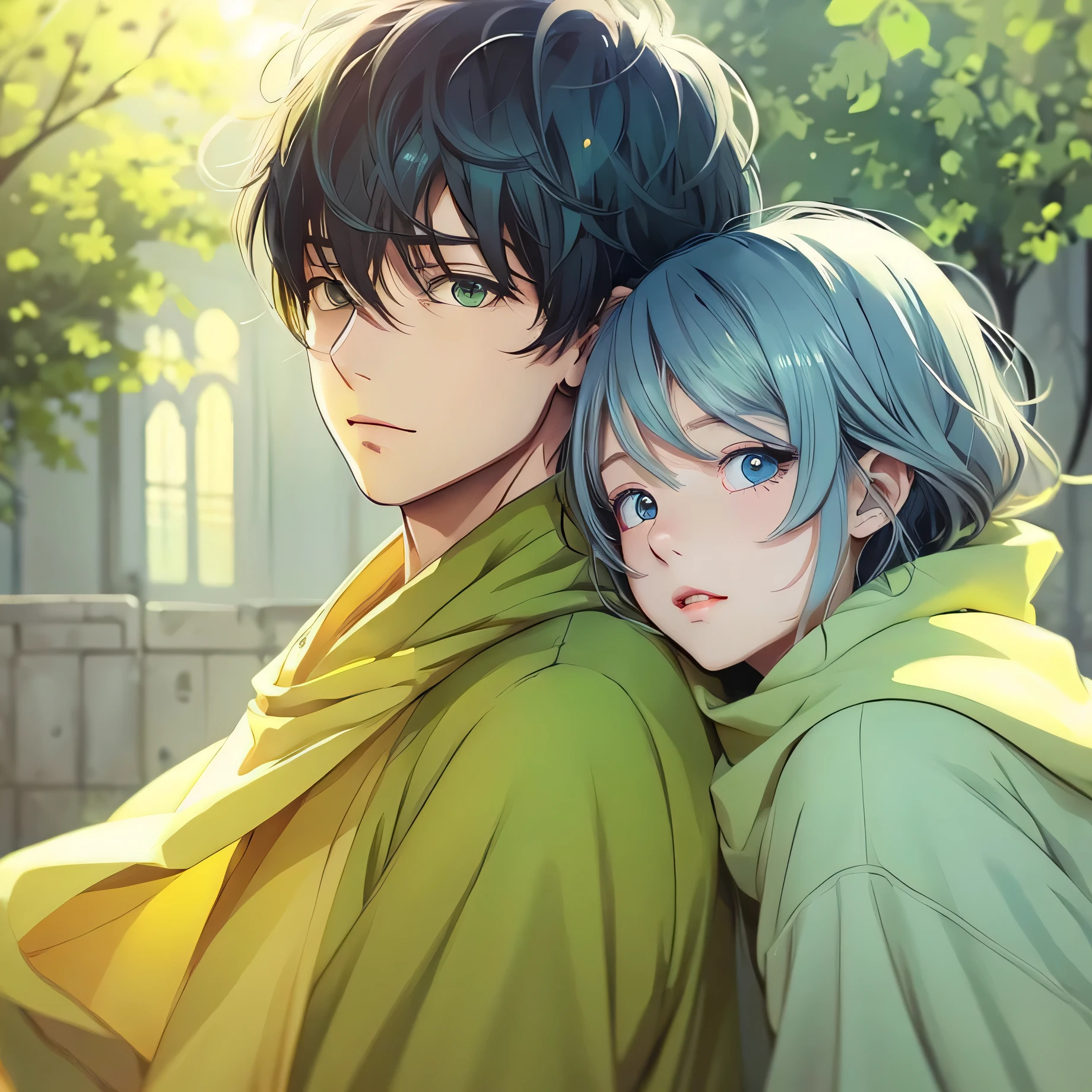 anime illustration、masterpiece、cute androgynous boy、Darker hair color、light blue eyes、yellow green,yellow、Gentle atmosphere、Warm atmosphere、wrapped in love