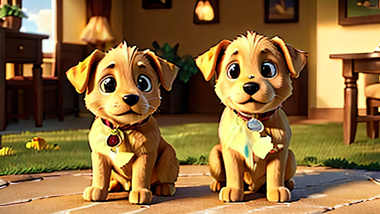 Two dogs sitting on a brick walkway in a house - SeaArt AI