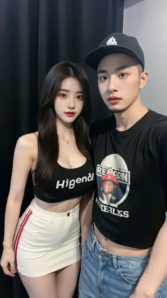 high quality, realistic, Brother and sister couple selfie, Hip Korean man and pretty Korean woman, 27 years old, A man who streams on Twitch wearing hip-hop-style clothing and a woman who enjoys dancing in a tight top and miniskirt., happy, internet streamer, BJ, personal 방, Blackout curtains, indirect lighting, personal