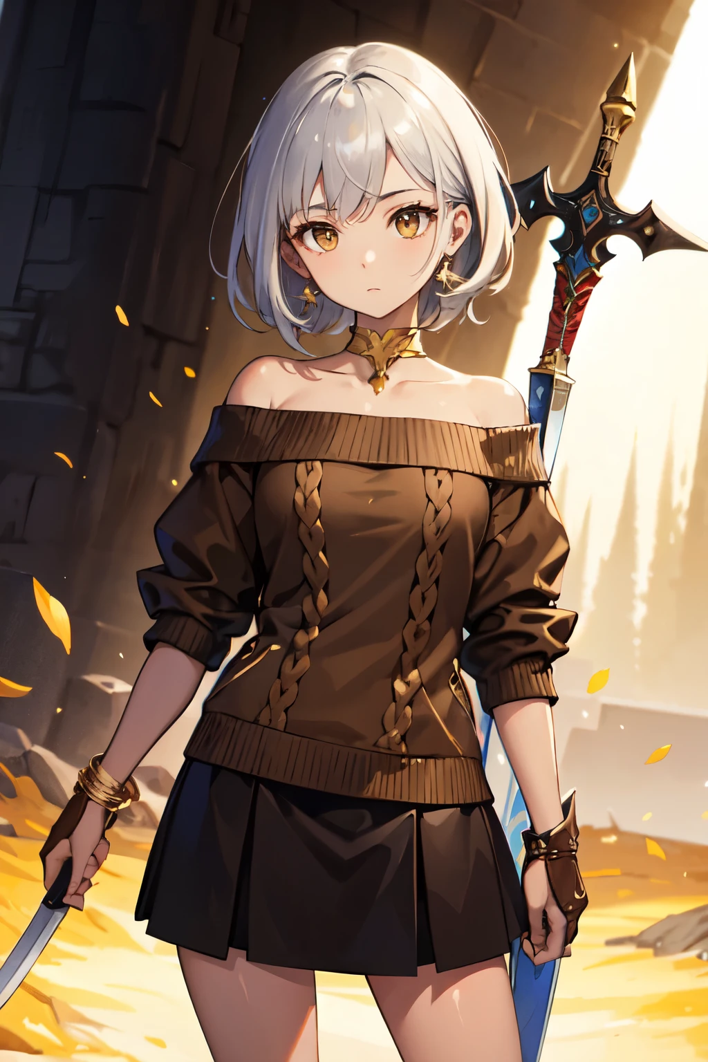((Highest quality)), ((masterpiece)), (detailed), One girl, Off-the-shoulder sweater, Silver Hair,((Golden Eyes)),sword on waist,Expressionless,Black Skirt,((Brown skin:1.6))