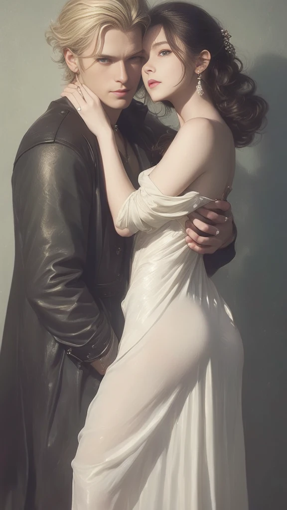 High-quality images of couples: blond man (Tall、Statue-like、Handsome and、Brave young man、Blue eyes、Curly golden hair、Wearing a grey antique military uniform) A woman with black hair (long straight black hair、Long Bangs、Blackberry eyes、A beautiful young femme fatale、naked、PRİNCESS、Hugging。They are in love with each other。Created by Boris Vallejo「Ideal Anatomy」The sketch of、It is characterized by being very detailed.。masterpiece、Detailed study of the face、Beautiful Face、Features of Beautiful Face、Perfect Image、Realistic shots、Detailed study of the face、Full body image、8k、Detailed Images、Highly detailed illustration、A true masterpiece of the highest quality、Careful drawing。Bare Skin、Gown and naked watercolor、
ゴシック、ロマンス
黒のパンティ、