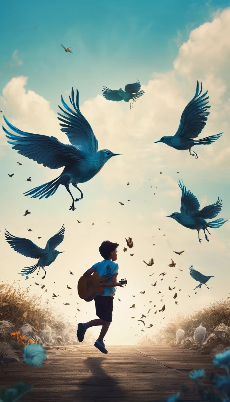 Create a professional, fantastic, cinematic Youtube Banner for a brand about music and stories called " Penamemoria". Masterpiece, 4k, sharp focus, highest quality,wide shot. The title is " Penamemoria". Is a brand about the creative, unique journey of a boy into becoming a musician storyteller. In his journey he finds inspiration in a world of birds and feathers. Minimalistic, simple, poetic, dreamy logotype at the center of the image. The Background image is a world full of fantastic feathers, unique birds, light blue sky, and a boy running happily into the horizon with an acoustic guitar in his right hand. Boy running against the wind, almost simulating like he is flying