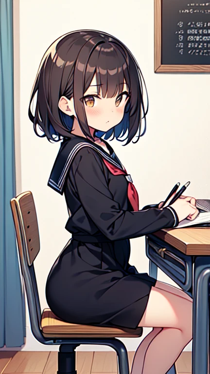 Let's think step by step,Highest quality, masterpiece, Ultra-high resolution, 8k,Show anime style ,Soft Line Art, Digital Enhancement, shojo anime touch, shojo manga core, Flowing fabric, close, Soft Drawing, Ultra-Definition Digital Anime Art, Clear facial depiction, Super detailed girl cartoon character art, Ultra-detailed manga style, Highest qualityの色,
(((１People Women))),(A woman with short brown hair),Beautiful brown hair, (((Clear brown eyes))), Slightly chubby,Small breasts,The butt is small,Sailor suit,
(((is sitting in a chair and studying at a desk))),from side,His eyes met mine,blush,(Serious look),classroom,White curtains,Timetable on the wall。The day&#39;s duty is written on the blackboard,
