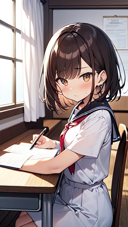Let's think step by step,Highest quality, masterpiece, Ultra-high resolution, 8k,Show anime style ,Soft Line Art, Digital Enhancement, shojo anime touch, shojo manga core, Flowing fabric, close, Soft Drawing, Ultra-Definition Digital Anime Art, Clear facial depiction, Super detailed girl cartoon character art, Ultra-detailed manga style, Highest qualityの色,
(((1People Women))),(A woman with short brown hair),Beautiful brown hair, (((Clear brown eyes))), Slightly chubby,Small breasts,The butt is small,Sailor suit,
(((is sitting in a chair and studying at a desk))),from side,His eyes met mine,blush,(Serious look),classroom,White curtains,Timetable on the wall。The day's duty is written on the blackboard,