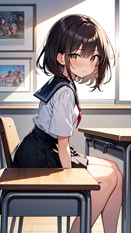Let's think step by step,Highest quality, masterpiece, Ultra-high resolution, 8k,Show anime style ,Soft Line Art, Digital Enhancement, shojo anime touch, shojo manga core, Flowing fabric, close, Soft Drawing, Ultra-Definition Digital Anime Art, Clear facial depiction, Super detailed girl cartoon character art, Ultra-detailed manga style, Highest qualityの色,
(((1People Women))),(A woman with short brown hair),Beautiful brown hair, (((Clear brown eyes))), Slightly chubby,Small breasts,The butt is small,Sailor suit,
(((is sitting in a chair and studying at a desk))),from side,His eyes met mine,blush,(Serious look),classroom,White curtains,Timetable on the wall。The day's duty is written on the blackboard,