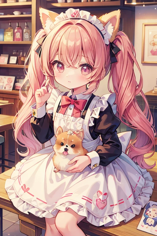 Highest quality,masterpiece,dog cafe,Girl clerk,Maid clothes,(Pomeranian,Multiple small dogs 1.3),Anime Style,cute,Twin tail hair,