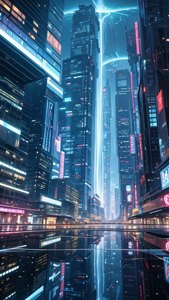 Best Quality,ultra detailed, futuristic city,detailed background,Detailed buildings,vivid colors,lush vegetation, water type,,advanced technology,Flying cars,floating platforms,glass skyscraper,Neon lights,reflection in the water,shadows and lights,night scene,urban landscape,streets full of people,,electric sparks,energy rays,Reflections on glass surfaces.,Action-packed environment