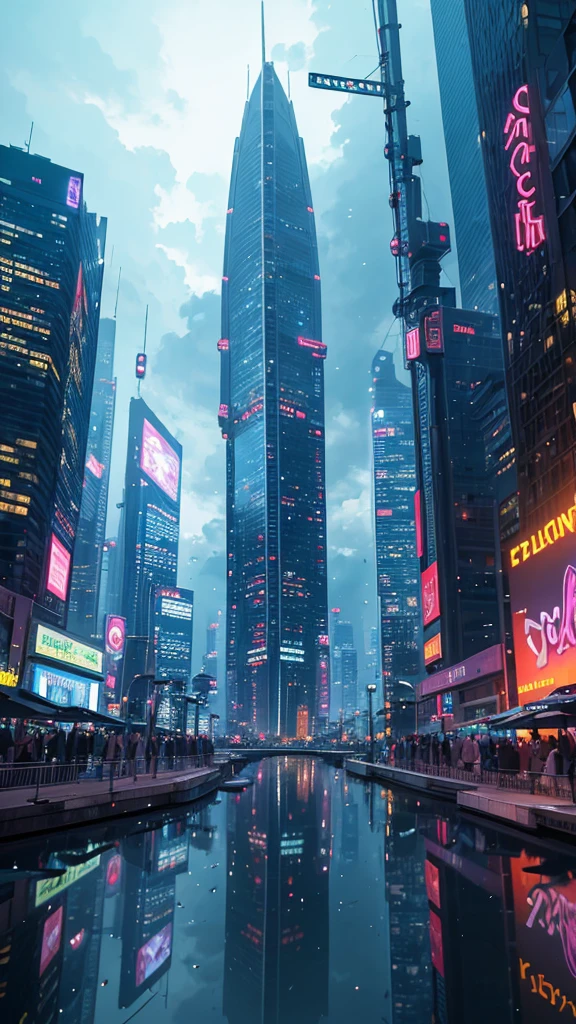 Best Quality,ultra detailed, futuristic city,detailed background,Detailed buildings,vivid colors,lush vegetation, water type,,advanced technology,Flying cars,floating platforms,glass skyscraper,Neon lights,reflection in the water,shadows and lights,night scene,urban landscape,streets full of people,,electric sparks,energy rays,Reflections on glass surfaces.,Action-packed environment
