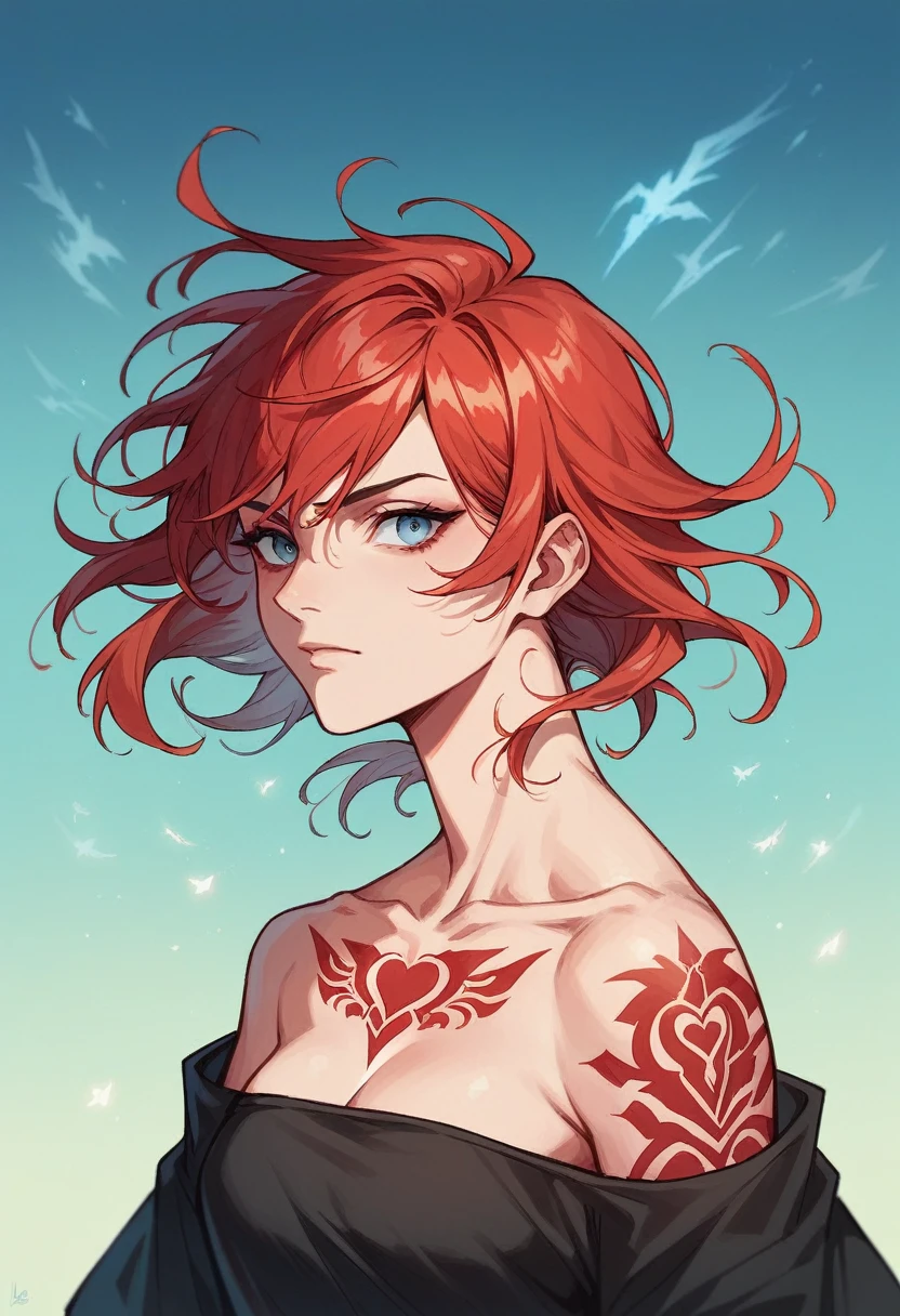 1 girl, Gilgamesh \(Destiny\), gender swap, looking ahead at viewer, Eyes red, ufotable style, espachim posturada, trunk, floating hair, work of art, best qualityer,red tattoo, black sleeves, blue sky