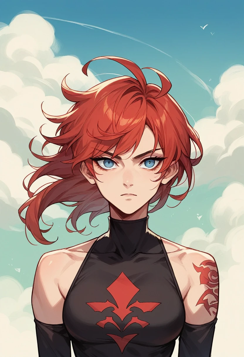 1 girl, Gilgamesh \(Destiny\), gender swap, looking ahead at viewer, Eyes red, ufotable style, espachim posturada, trunk, floating hair, work of art, best qualityer,red tattoo, black sleeves, blue sky