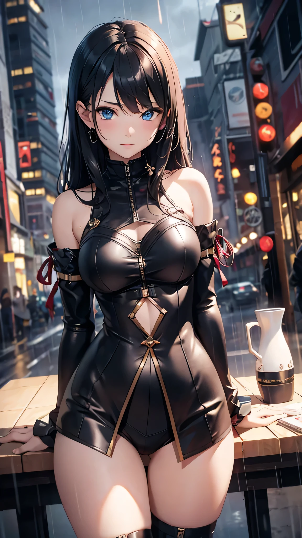 最high quality、Best image quality、masterpiece、With a girl((cute、、Best Bust、Medium Bust、Beautiful Blue Eyes、Spread your chest wide,Black Hair、Disheveled Hair、thin、Highest Valley、Black Kunoichi Costume))high quality、Beautiful art、background((night、heavy rain、City、Dark Clouds)),Tabletop、Exquisite design、Visual Arts、Written boundary depth、Best lighting、Highest detail、8k
