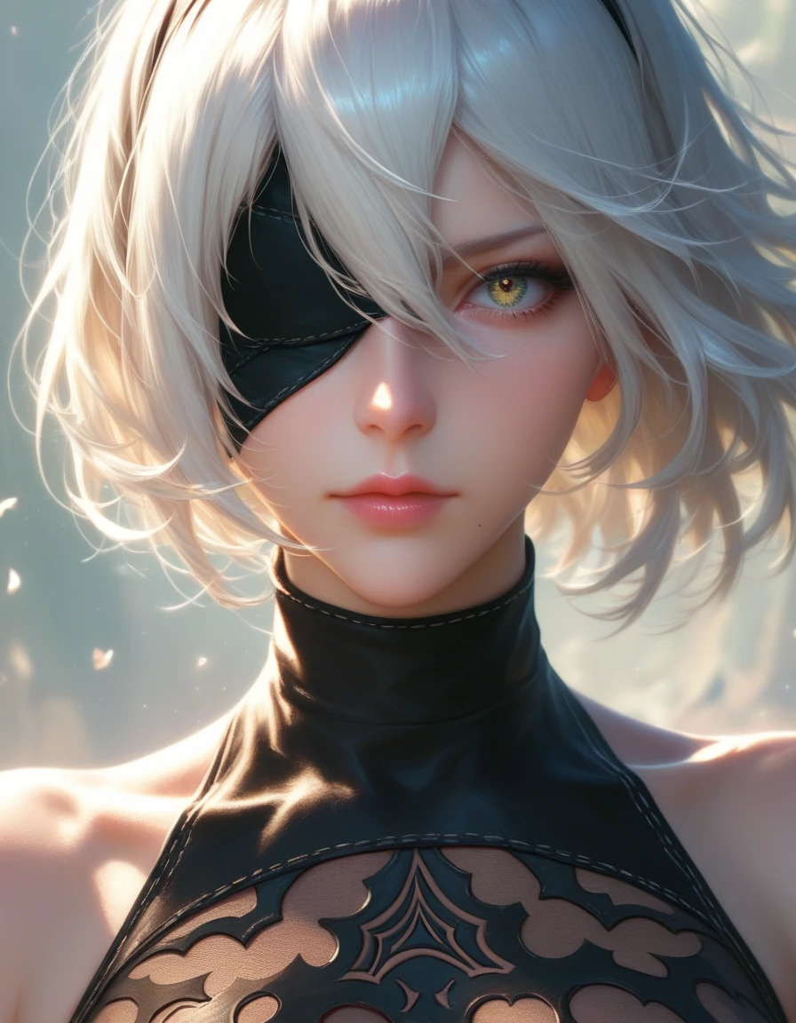 score_9, score_8_Superior, score_7_Superior, one girl,A black eyepatch on one eye、 nier's 2B:automata, View Viewer, Combat Stance, 下から見Superiorげるアングル、nier:automata