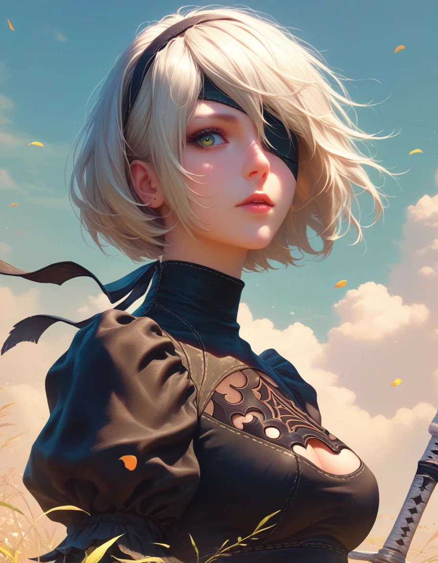 score_9, score_8_Superior, score_7_Superior, one girl,A black eyepatch on one eye、 nier&#39;s 2B:automata, View Viewer, Combat Stance, 下から見Superiorげるアングル、nier:automata