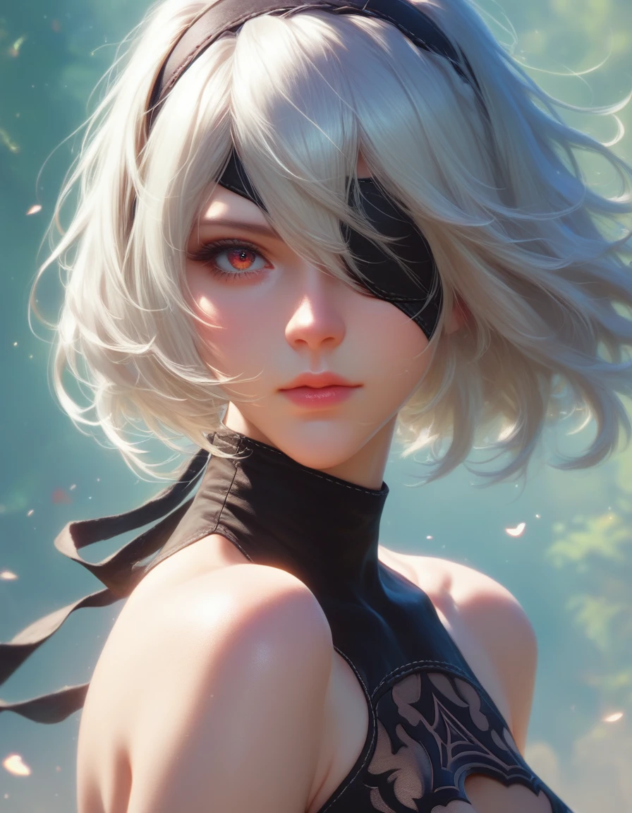 score_9, score_8_Superior, score_7_Superior, one girl,A black eyepatch on one eye、 nier's 2B:automata, View Viewer, Combat Stance, 下から見Superiorげるアングル、nier:automata