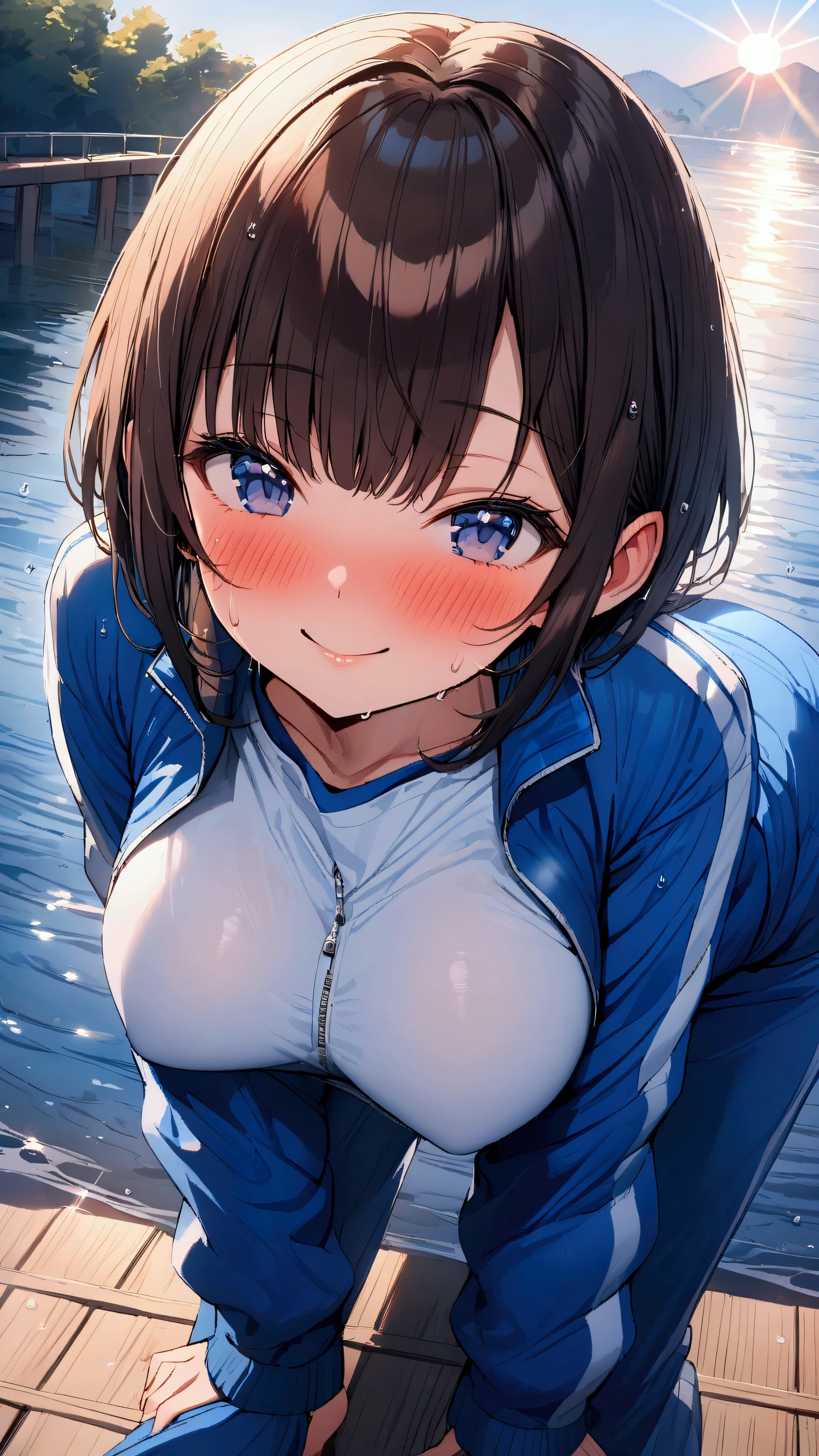 masterpiece, Highest quality, Ultra-high resolution, (beautiful girl: 1.3), Brown Hair, (((Sharp bob))),Looks about 、 (Blue sweatpants: 1.4), (The jacket is a blue track jacket.: 1.4), Rear View、The setting sun is dazzling in the waterway、Wet、(Embarrassing: 1.2), (blush: 1.4),smile、Focus on a very big, round and beautifully shaped ass、Splash,(leaning forward:1.5),(((peace sign))),