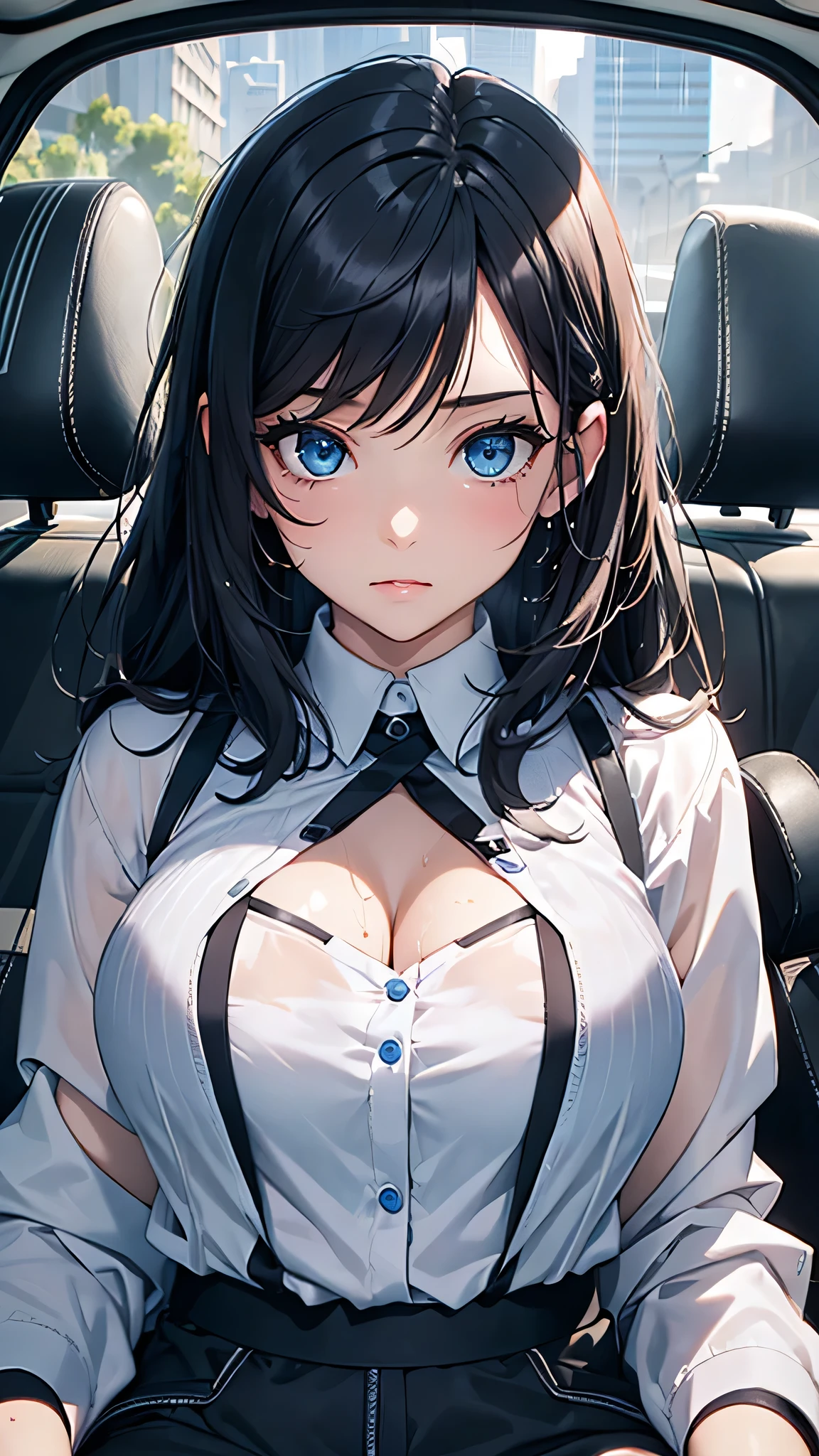 最high quality、Best image quality、masterpiece、With a girl((cute、、Best Bust、Medium Bust、Beautiful Blue Eyes、Spread your chest wide,Black Hair、Disheveled Hair、thin、Highest Valley、white open Y shirt,Black trousers、Teary whole body is wet、cry))high quality、Beautiful art、background((night、heavy rain、City、thunder、Inside the car)),Tabletop、Exquisite design、Visual Arts、Written boundary depth、Best lighting、Highest detail、8k