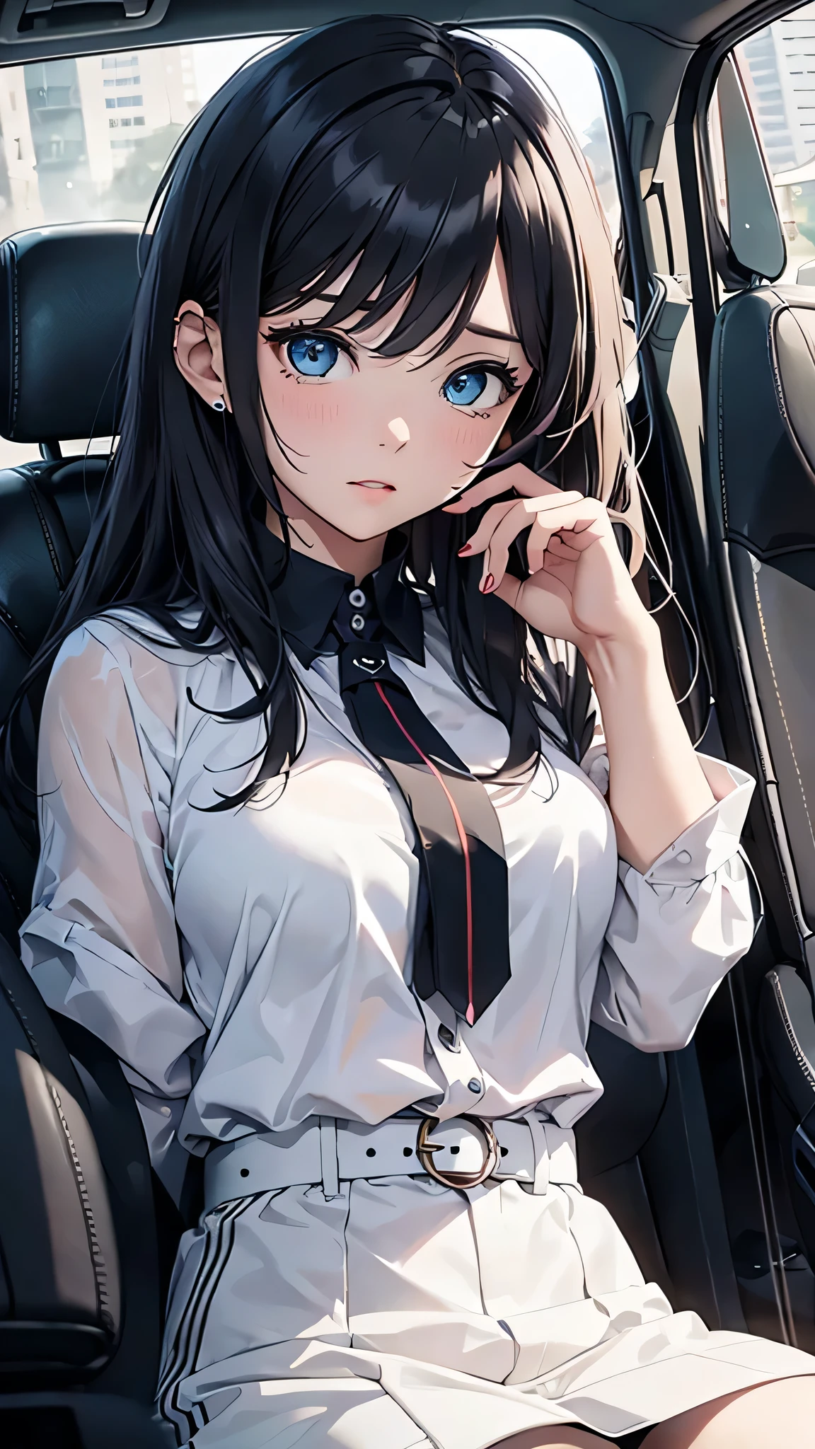最high quality、Best image quality、masterpiece、With a girl((cute、16 years old、Best Bust、Medium Bust、Beautiful Blue Eyes、Spread your chest wide,Black Hair、Disheveled Hair、thin、Highest Valley、white open Y shirt,Black trousers、Teary whole body is wet、cry))high quality、Beautiful art、background((night、heavy rain、City、thunder、Inside the car)),Tabletop、Exquisite design、Visual Arts、Written boundary depth、Best lighting、Highest detail、8k