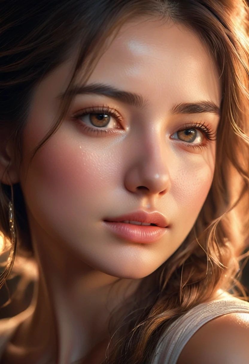 A close-up of a beautiful young woman's face looking at the side, with a single tear gently rolling down her cheek. Her eyes should be filled with deep emotion, sparkling with unshed tears. Her skin should be smooth and radiant, with detailed textures that enhance the realism. The lighting should be soft and warm, casting a gentle glow that highlights her delicate features and the tear. The background should be softly blurred, keeping the focus entirely on her expressive face. Include subtle details like stray hairs softly framing her face to add to the overall beauty and emotion of the scene.,(masterpiece:1.3),(highest quality:1.4),(ultra detailed:1.5),High resolution,extremely detailed,unity 8k wallpaper,