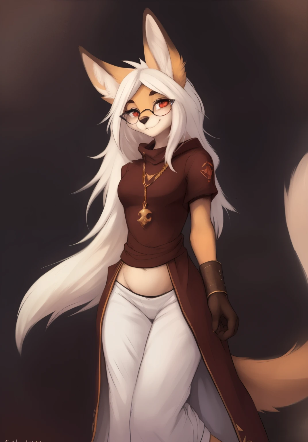 by Zackary911, by Kenket, by Kilinah, by fluff-kevlar, anthro, mommy female fennec fox, solo, long white hair, full body, one big tail, dark background. dark priest with balck and red cloack open belly, round glasses, full body concept, realism, reference, red eyes