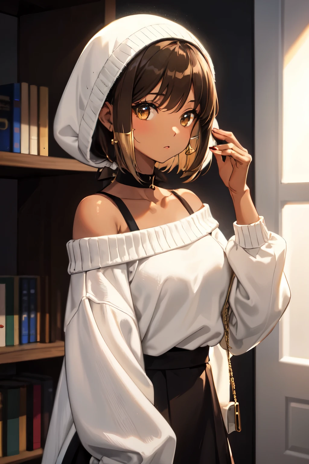 ((Highest quality)), ((masterpiece)), (detailed), One girl, Off-the-shoulder sweater, Silver Hair,((Golden Eyes)),Expressionless,Black Skirt,((Brown skin:1.6))