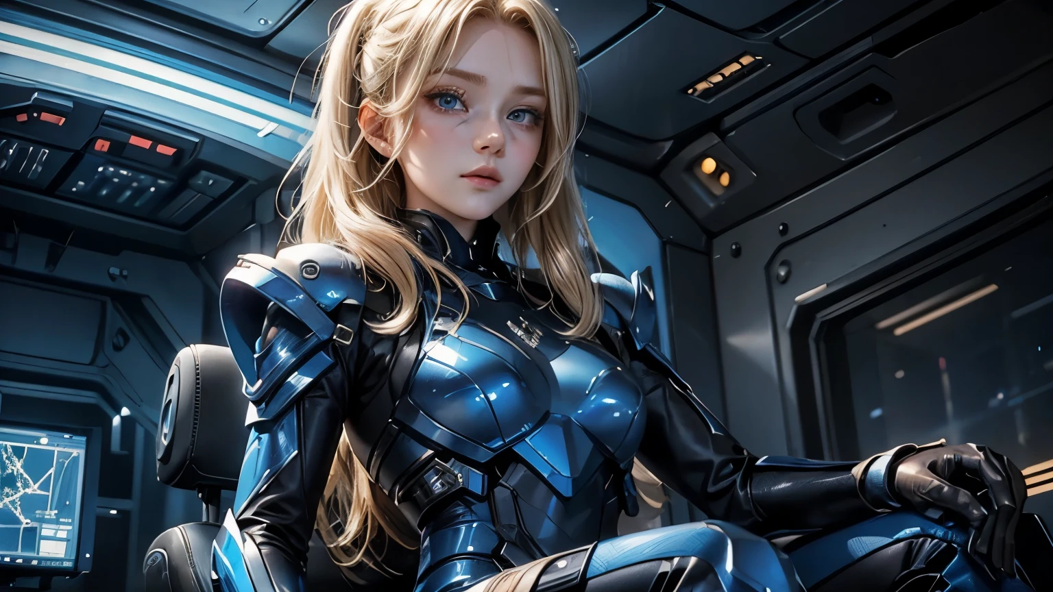 One beautiful woman。Blonde hair and blue eyes。23 years old。Detailed drawing of faces。She is looking defiantly at the camera。She wears a blue-black metallic battle suit.。She is sitting at the controls of a small spaceship.。