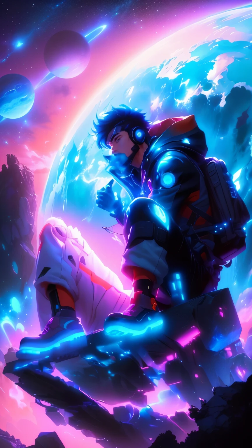 Cartoon man with backpack sitting on a rock and looking at the earth, cyber Space Cowboys, Space Cowboys, Inspired by Josan Gonzalez, Lostland Style, Makoto Shinkai ( Apex Legends ), makoto shinkai cyril rolando, Josan Gonzalez, 4K Manga Wallpapers, Akira art style, Josan Gonzalez!!!, Inspired by Liam Wong, Lostrun 8k 9:16 sizes