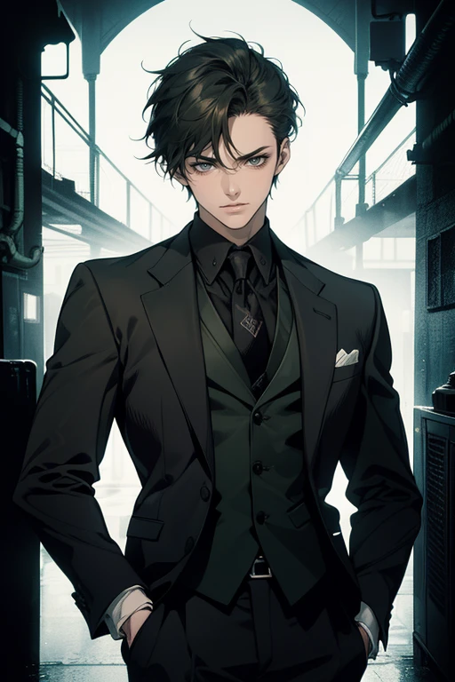 ((One man with a black suit and tie)), gotham, 1980s, alejandro, (((one-side swept black short hair))), (dark green eyes and thick eyebrows), smirk, ((20 years old)), ((masterpiece)), posture dynamic,