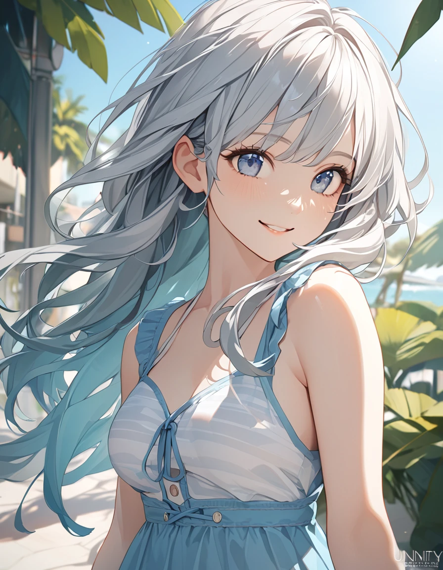 8k, Highest quality, masterpiece, Wallpapers by Unity 8k, (One Girl) , 17 years old、cute、Kind eyes、(((Silver Hair))),(Her hair color is a blue-gray gradient), Medium long hair Beautiful breasts, Summer Fashion、smile