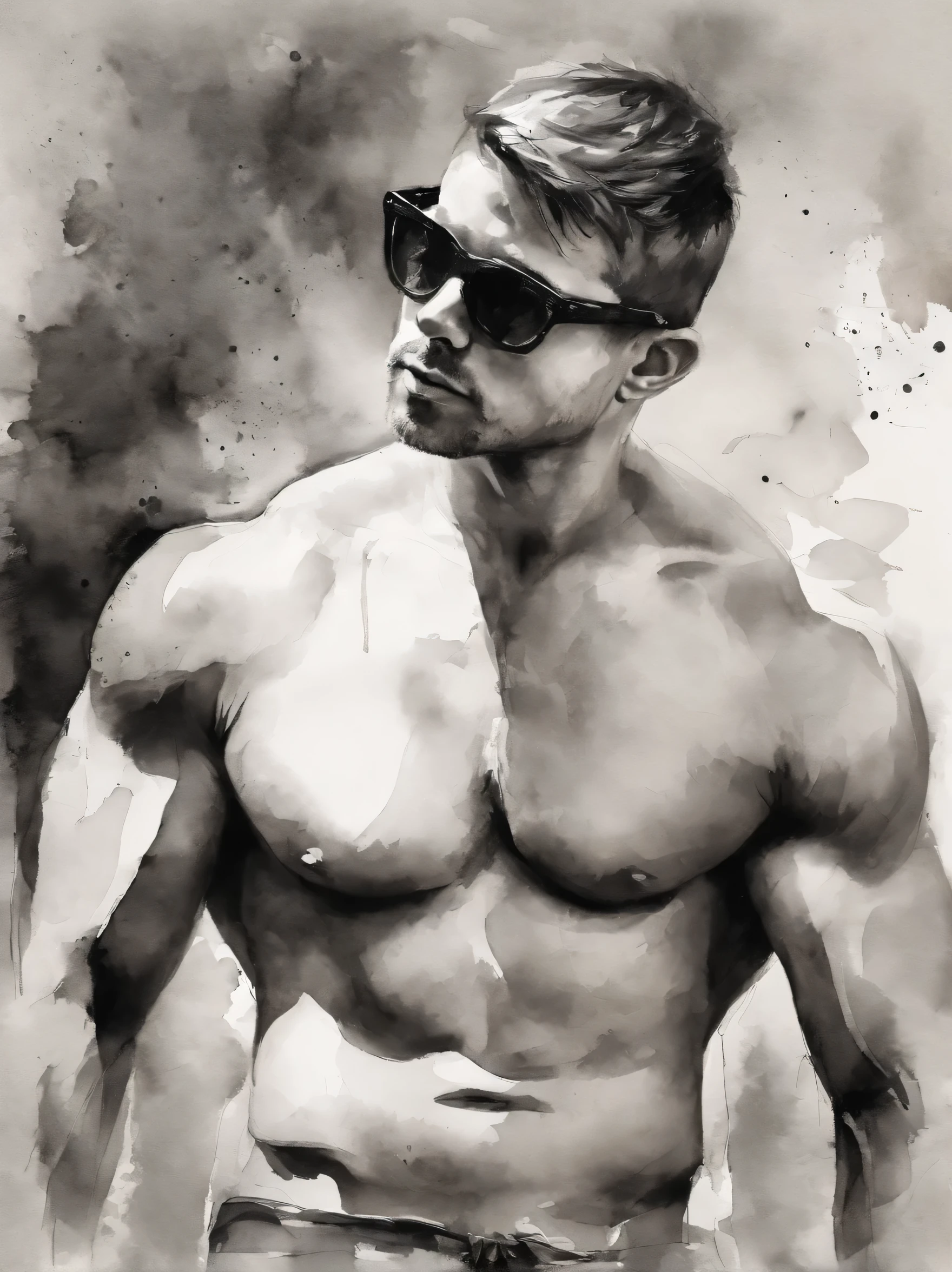 The muscles are emphasized、Short-haired man、The upper body is unglasses are slightly lowered、Black and white style