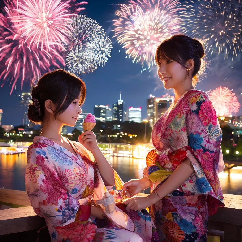 1 woman, office lady, office, 1 girl, hot, sunlight, hot ice cream, fireworks display, yukata,