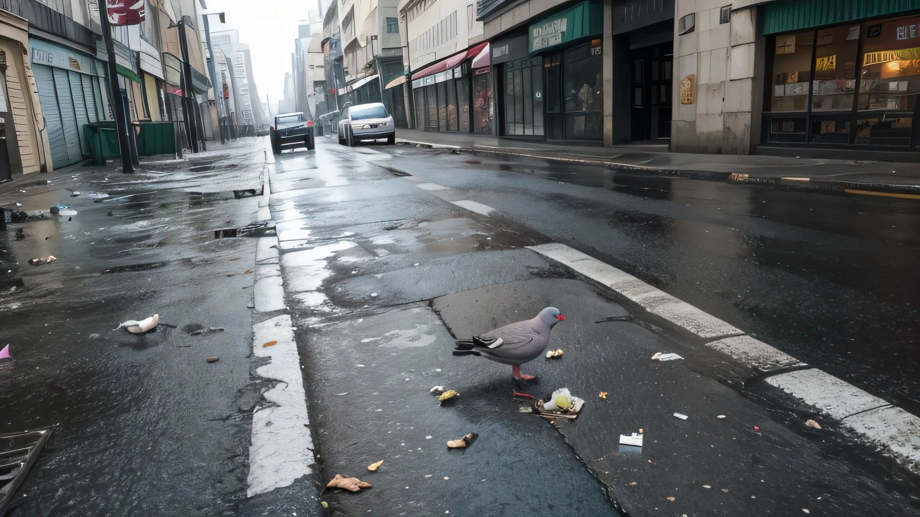 a big amount of garbage with rotten food turned over the street ground. a pigeon eating it. cold day, rainy