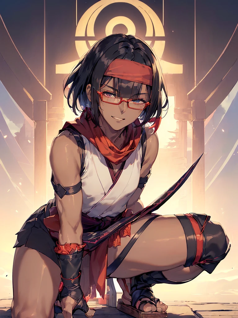 ((flat chest), (masterpiece:1.2), highest quality, High resolution, unity 8k wallpaper, (flat chest), (masterpiece:1.2), highest quality, High resolution, unity 8k wallpaper, (fine and beautiful eyes:1.6), highly detailed face, perfect lighting, Detailed CG, (perfect hands, perfect ???????:1.3), (2 japanese males:1.4), (20 years old male:1.4),( black hair:1.3), extremely beautiful detailfeminine face and eyes, (evil smile:1.2), detailed eyes, best quality,( dark skin:1.8), extremely detailed, very precise detailed,(glasses:1.3), (blunt bangs:1.3), open mouth, (very short hair:1.4), (geta:1.2),(fingerless gloves:1.5), (half closed eyes:1.5),long sidelocks,,(sleeveless yukata),(long red Sheer scarf:1.3),(one on knee:1.5),(hachimaki:1.4)
