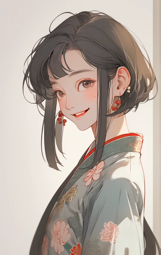 1boy, smile, bob cut long bang, very long hair, forehead, (clothing cutout), cheongsam, hand near the face