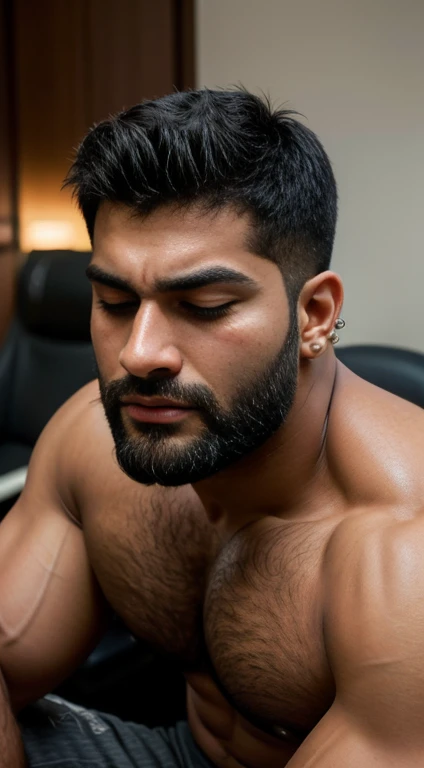 An award-winning original photo, Pain is raging on the face, screaming with pain  and making aggressive face expressions with eyes closed, the head is tilted back  A wild handsome muscular indian man, (thick big beared handsome 20 years old:1.3), 1boy, Solo, (), (tight underwear), sitting on chair in luxury office, from Front view, black hair, (big shoulders), musculature, stubbles, beard, earstuds, Beautiful eyes:1.3, ), (Detailed face:1.3), dimples, (holded penis), Dynamic front Angle view, volumetric lighting, (Best quality, A high resolution, Photorealistic), Cinematic lighting, Masterpiece, RAW photo, Intricate details, hdr, depth of field, upper body, His perfect huge bulge,masterpieces 