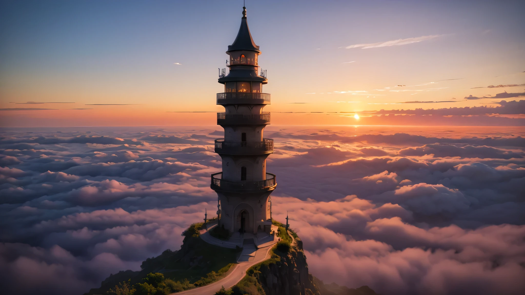 Best image quality,Fantasy,sea of clouds,sunset、Tall Tower