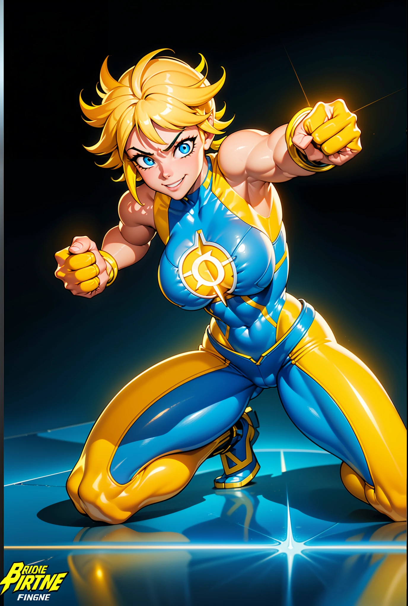 Digital painting of girl with blue and yellow hair, Superhero, Muscle Girl, Pause, Raise your fist, From above, 1 Raise your knees, Behance Contest Winner, Afrofuturism, Synthwave, neon, glowing neon, Huge saggy breasts, smile, cute