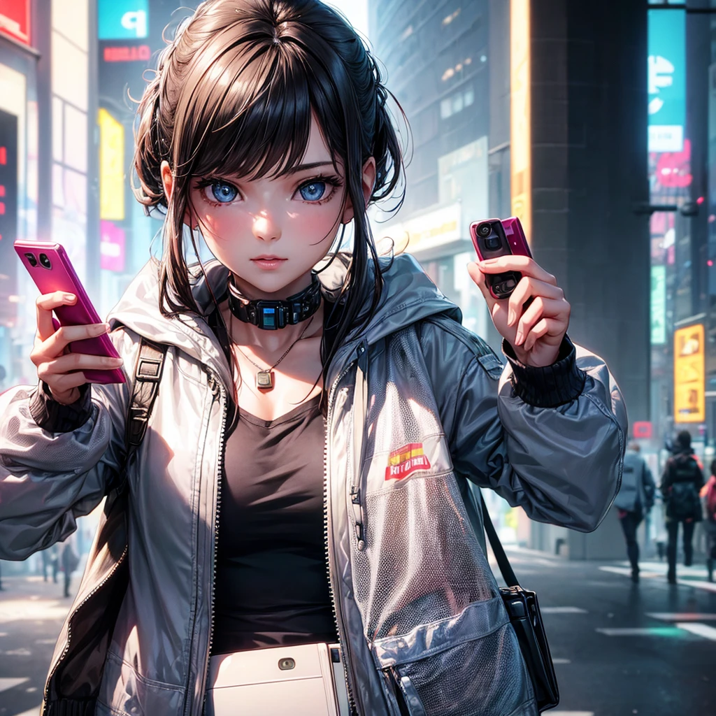 ((Beautiful girl holding a mobile phone in her hand)) 4K  8K:: Realistic::4. Cyberpunk::1 --v 4 --Quality 2  