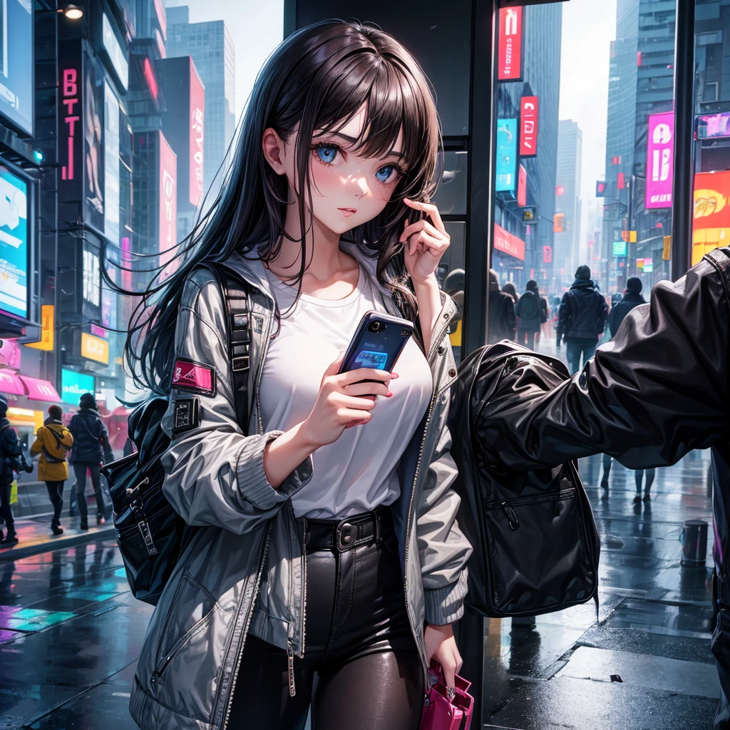 ((Beautiful girl holding a mobile phone in her hand)) 4K 8K:: Realistic::4. Cyberpunk::1 --v 4 --Quality 2