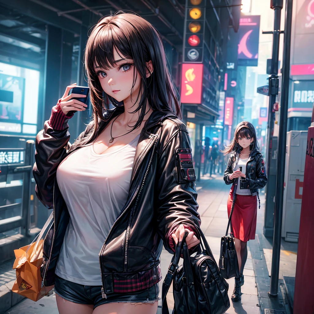 ((Beautiful girl holding a mobile phone in her hand)) 4K 8K:: Realistic::4. Cyberpunk::1 --v 4 --Quality 2