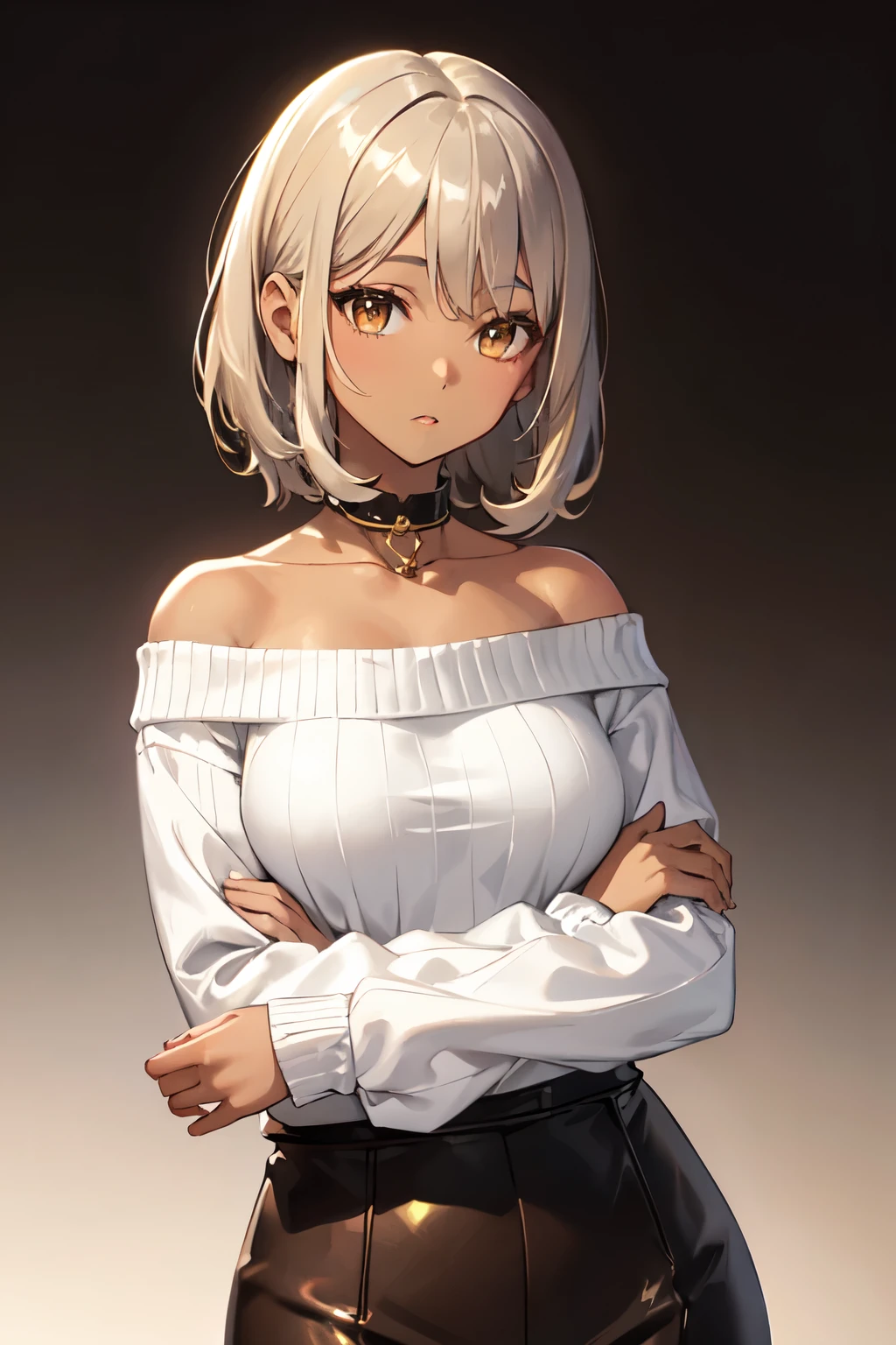 ((Highest quality)), ((masterpiece)), (detailed), One girl, Off-the-shoulder sweater, Silver Hair,((Golden Eyes)),Expressionless,Black Skirt,((Brown skin:1.6))