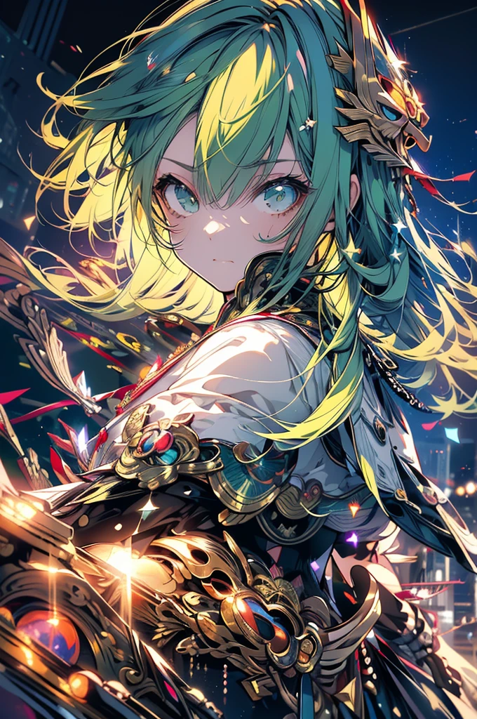 (Masterpiece, 4k resolution, ultra-realistic, very detailed), (Theme of knights of the zodiac, charismatic, there is a girl at the top of the city, wearing a golden gold armor Sagittarius knight, she is a superhero), [ ((20 years), (long green hair:1.2), full body, (green eyes:1.2), ((fighting pose),show of strength), ((sandy urban environment):0.8)| (cityscape, at night, dynamic lights), (full moon))