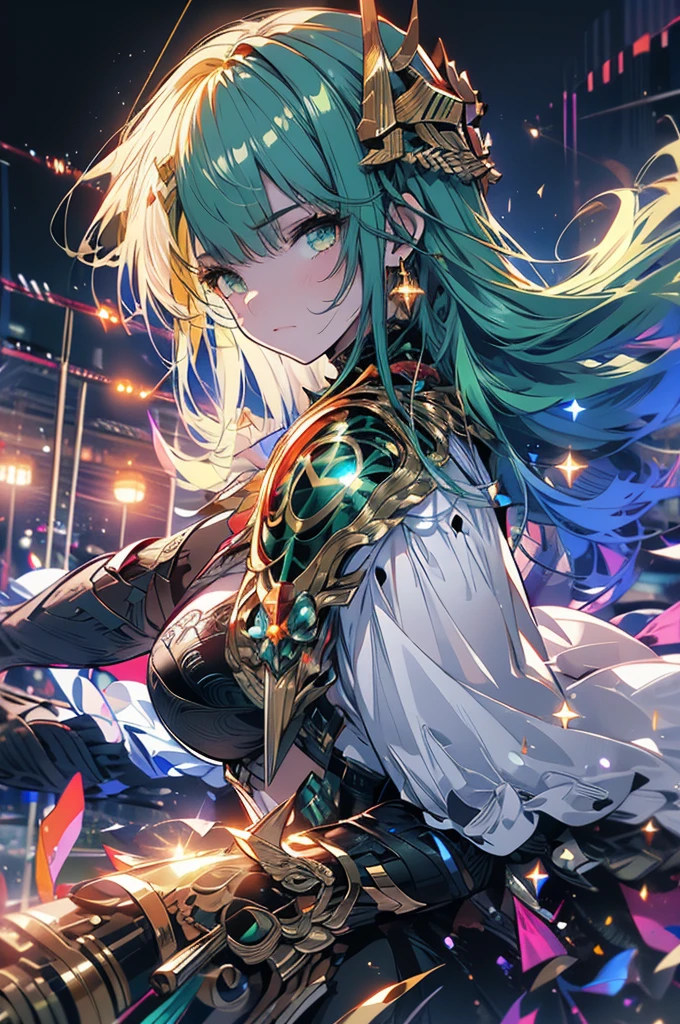 (Masterpiece, 4k resolution, ultra-realistic, very detailed), (Theme of knights of the zodiac, charismatic, there is a girl at the top of the city, wearing a golden gold armor Sagittarius knight, she is a superhero), [ ((20 years), (long green hair:1.2), full body, (green eyes:1.2), ((fighting pose),show of strength), ((sandy urban environment):0.8)| (cityscape, at night, dynamic lights), (full moon))