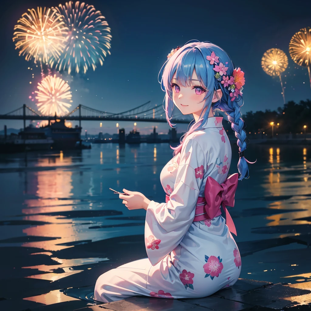 (Sky Blue Medium Hair:1.2), (Braided Hair),(Pink Eyes),Fair skin ,(whole body),(1 girl)、Floral Yukata、summer night、Extra-large fireworks filling the night sky、Huge fireworks launched from the sea、Watching the fireworks while sitting next to each other、smile、Beautiful woman looking back、Straight bangs,(masterpiece, Highest quality, Very detailed, Best Shadow), (Detailed Background), (Beautifully detailed face), High Contrast, (Best lighting, Very delicate and beautiful), ((Cinematic Light)), colorful, Hyper Detail 8k, Dramatic Light, Intricate details,Fireworks reflected on the water surface、