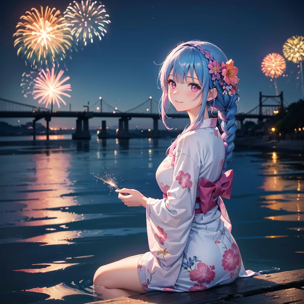 (Sky Blue Medium Hair:1.2), (Braided Hair),(Pink Eyes),Fair skin ,(whole body),(1 girl)、Floral Yukata、summer night、Extra-large fireworks filling the night sky、Huge fireworks launched from the sea、Watching the fireworks while sitting next to each other、smile、Beautiful woman looking back、Straight bangs,(masterpiece, Highest quality, Very detailed, Best Shadow), (Detailed Background), (Beautifully detailed face), High Contrast, (Best lighting, Very delicate and beautiful), ((Cinematic Light)), colorful, Hyper Detail 8k, Dramatic Light, Intricate details,Fireworks reflected on the water surface、