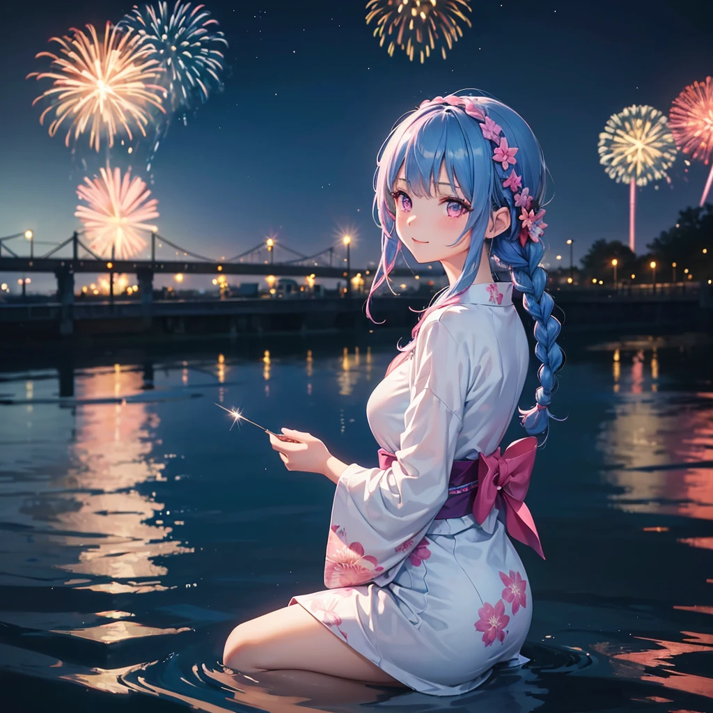 (Sky Blue Medium Hair:1.2), (Braided Hair),(Pink Eyes),Fair skin ,(whole body),(1 girl)、Floral Yukata、summer night、Extra-large fireworks filling the night sky、Huge fireworks launched from the sea、Watching the fireworks while sitting next to each other、smile、Beautiful woman looking back、Straight bangs,(masterpiece, Highest quality, Very detailed, Best Shadow), (Detailed Background), (Beautifully detailed face), High Contrast, (Best lighting, Very delicate and beautiful), ((Cinematic Light)), colorful, Hyper Detail 8k, Dramatic Light, Intricate details,Fireworks reflected on the water surface、