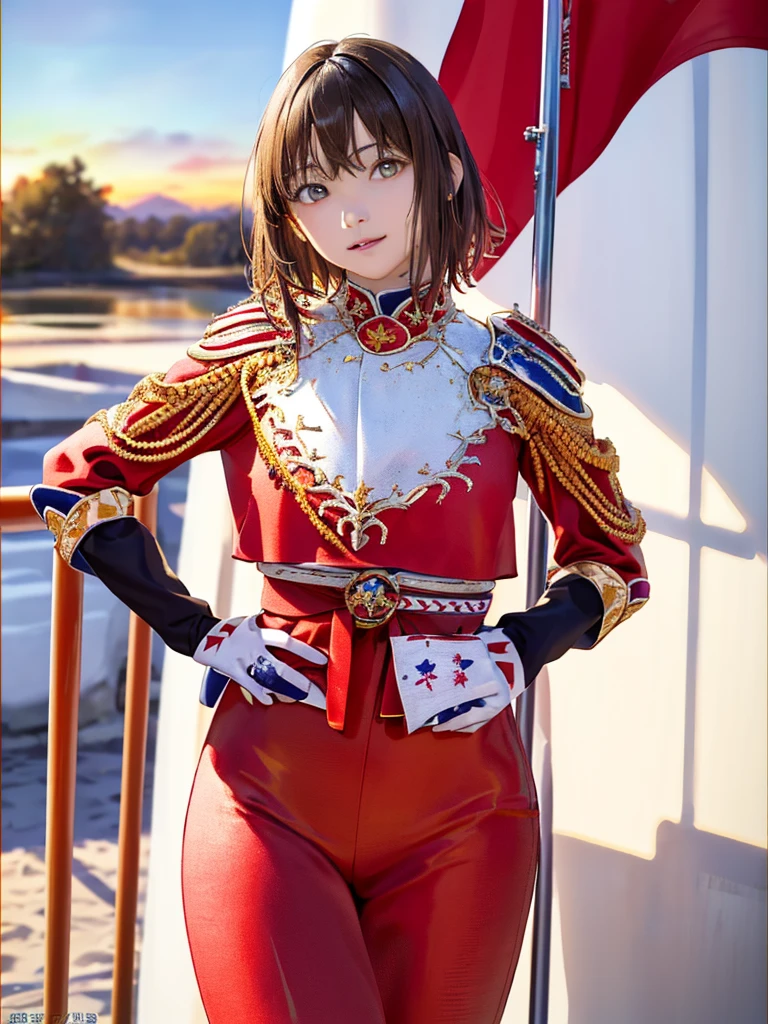 (Highest quality、8k、32K、masterpiece)、(Realistic)、(Realistic:1.2)、(High resolution)、Very detailed、とても美Funny faceと目、(((Women's Solo Shot)))、Tight waist、(Highest quality、Attention to detail、Rich skin detail)、(Highest quality、8k、Oil paints:1.2)、(Realistic、Realistic:1.37)、Bright colors、(((Cowboy Shot)))、(((Brand Hair)))、(((short hair)))、(((He has a good looking face.)))、((Rin々Funny face))、(((Sunset sky)))、(((The flag is stuck in the ground)))、(((Standing in the wilderness)))、(((Wearing red armor)))、(((Red and yellow flag)))
